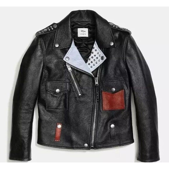 Disney x Coach limited edition leather color block Mickey Moto jacket w/ studs - Picture 1 of 8